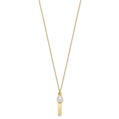 14k Brushed and Hammered 6-7mm White Rice Freshwater Cultured Pearl 17 inch Necklace