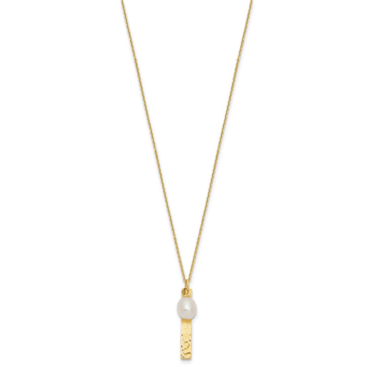 14k Brushed and Hammered 6-7mm White Rice Freshwater Cultured Pearl 17 inch Necklace