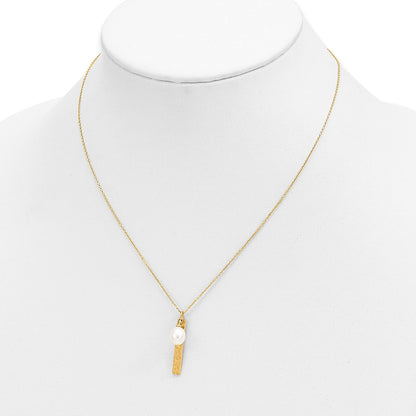 14k Brushed and Hammered 6-7mm White Rice Freshwater Cultured Pearl 17 inch Necklace