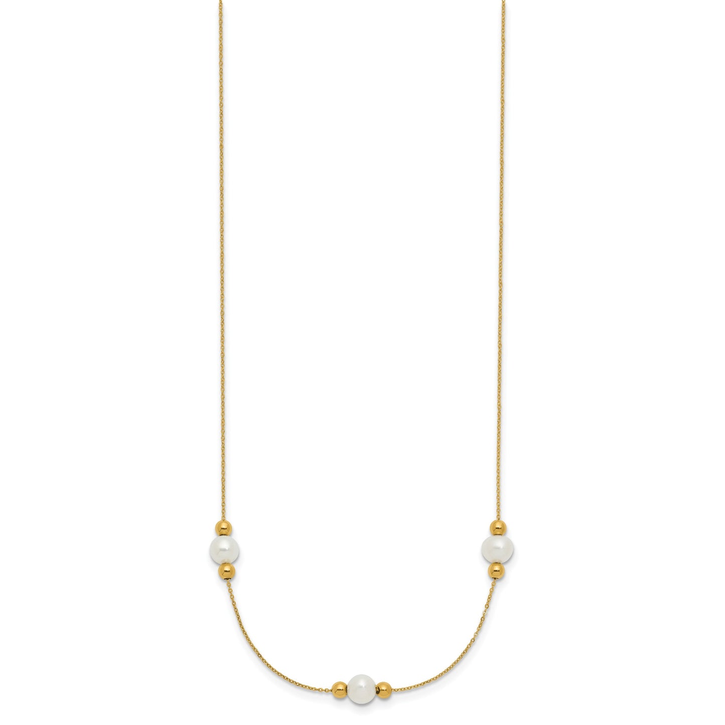 14K Polished White Round Freshwater Cultured Pearl and Bead 3-Station 16 inch Necklace Plus 2 inch Extender