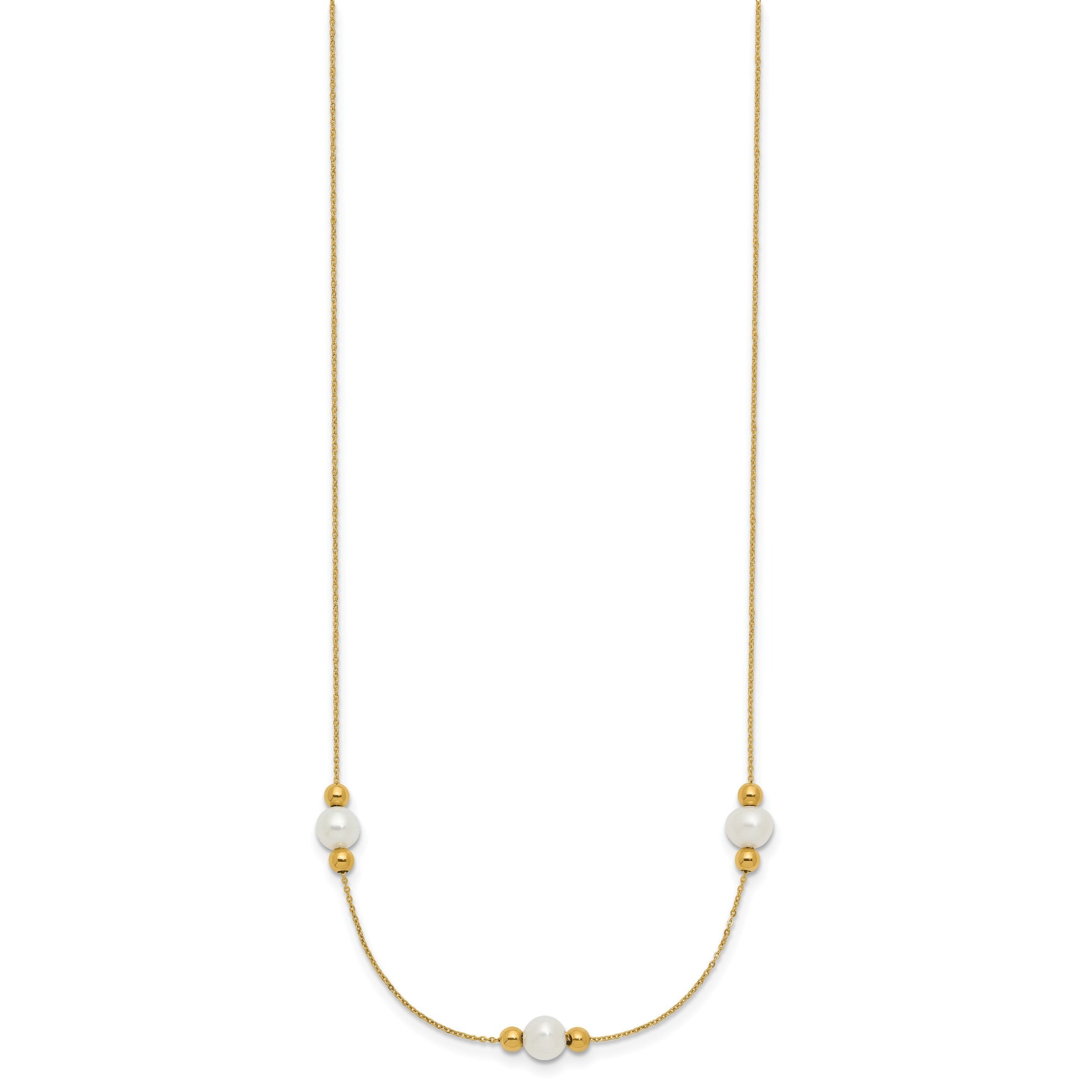 14K Polished White Round Freshwater Cultured Pearl and Bead 3-Station 16 inch Necklace Plus 2 inch Extender