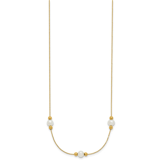 14K Polished White Round Freshwater Cultured Pearl and Bead 3-Station 16 inch Necklace Plus 2 inch Extender