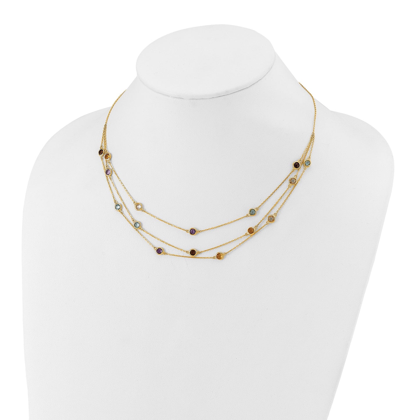 14K Smoky Quartz/White Quartz/Blue Topaz/Citrine/Amethyst 3-strand 17 inch Necklace