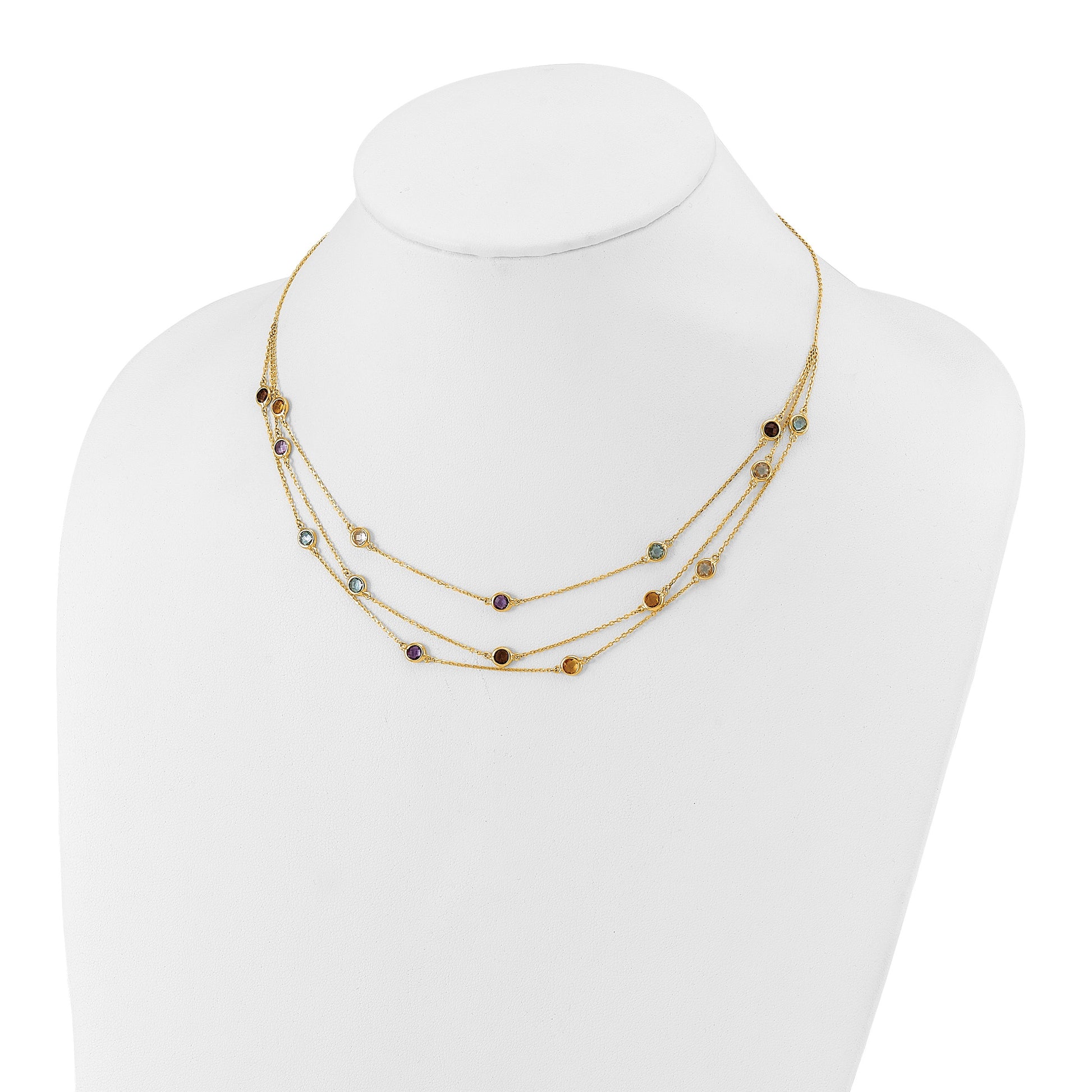 14K Smoky Quartz/White Quartz/Blue Topaz/Citrine/Amethyst 3-strand 17 inch Necklace