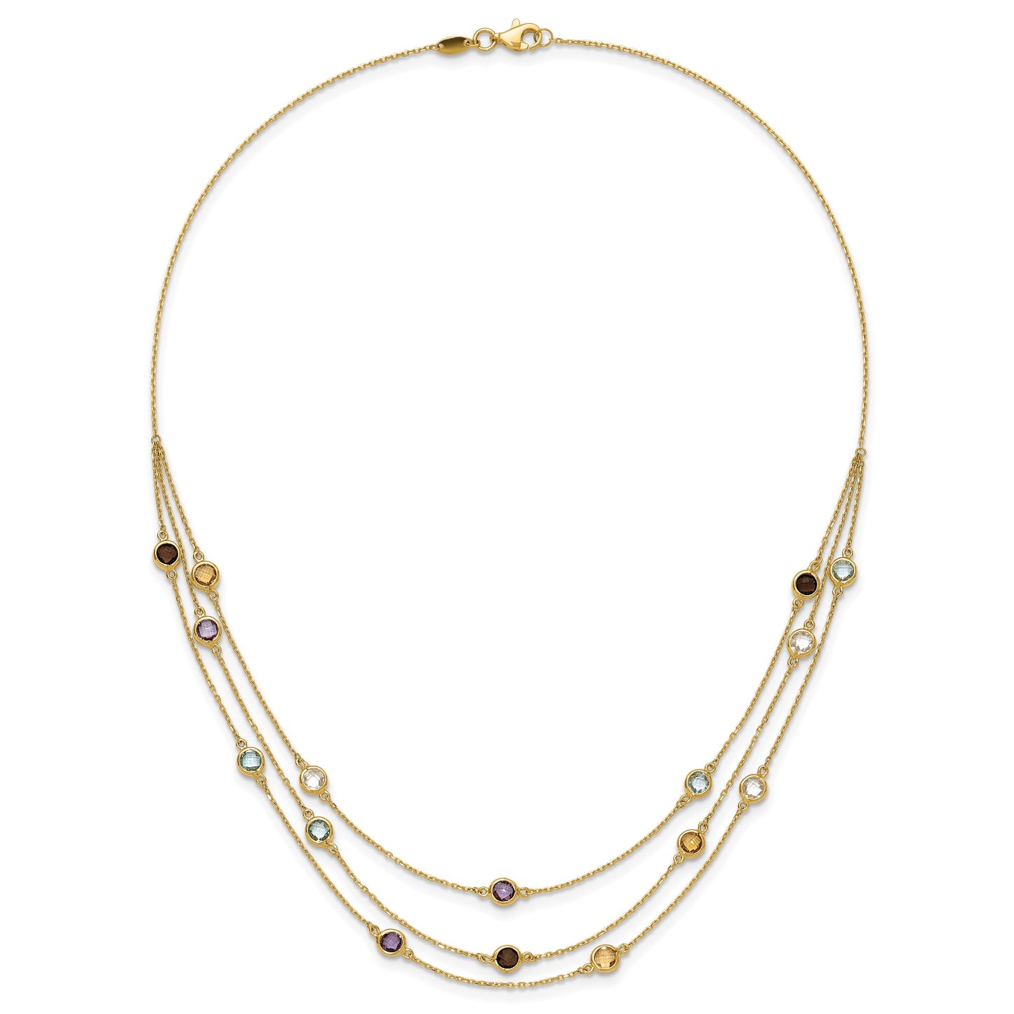 14K Smoky Quartz/White Quartz/Blue Topaz/Citrine/Amethyst 3-strand 17 inch Necklace