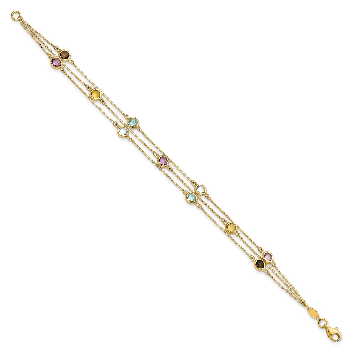 14K Smoky Quartz/White Quartz/Blue Topaz/Citrine/Amethyst 3-strand 7.5 inch Bracelet