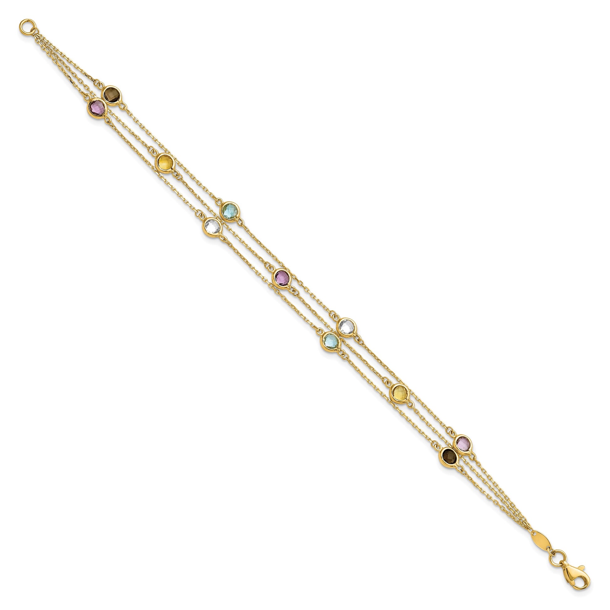 14K Smoky Quartz/White Quartz/Blue Topaz/Citrine/Amethyst 3-strand 7.5 inch Bracelet