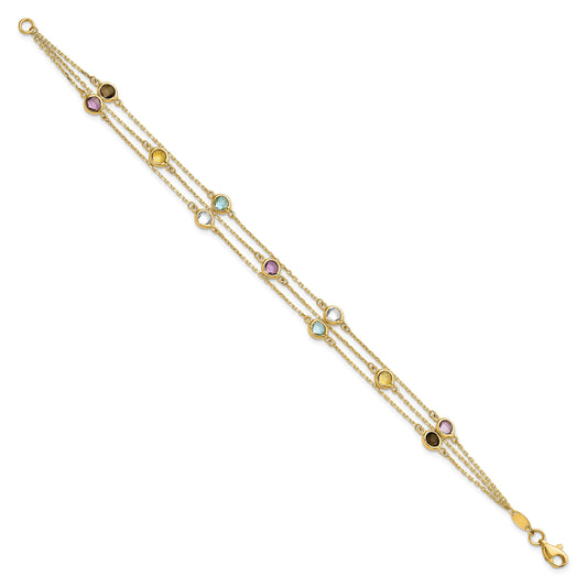 14K Smoky Quartz/White Quartz/Blue Topaz/Citrine/Amethyst 3-strand 7.5 inch Bracelet