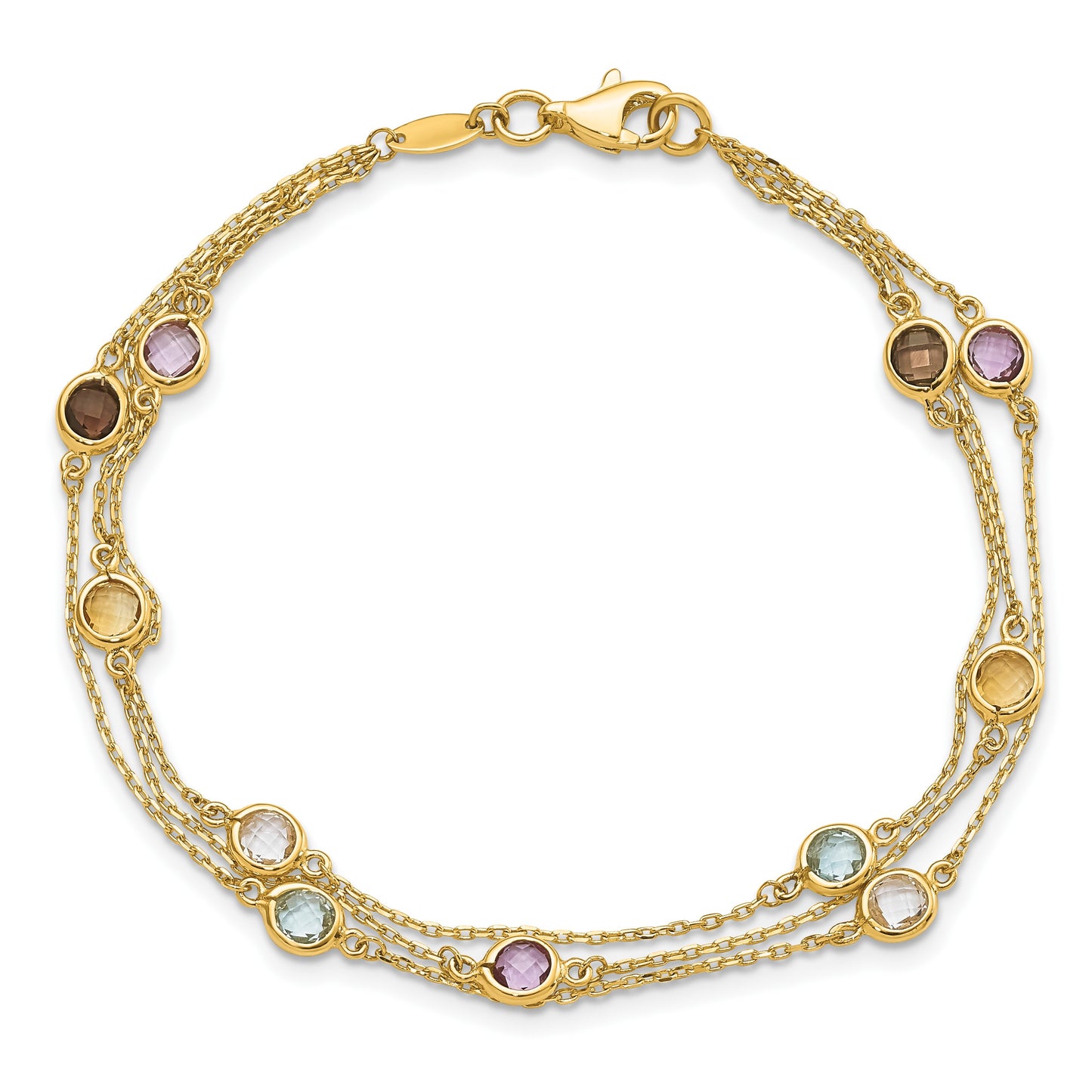 14K Smoky Quartz/White Quartz/Blue Topaz/Citrine/Amethyst 3-strand 7.5 inch Bracelet