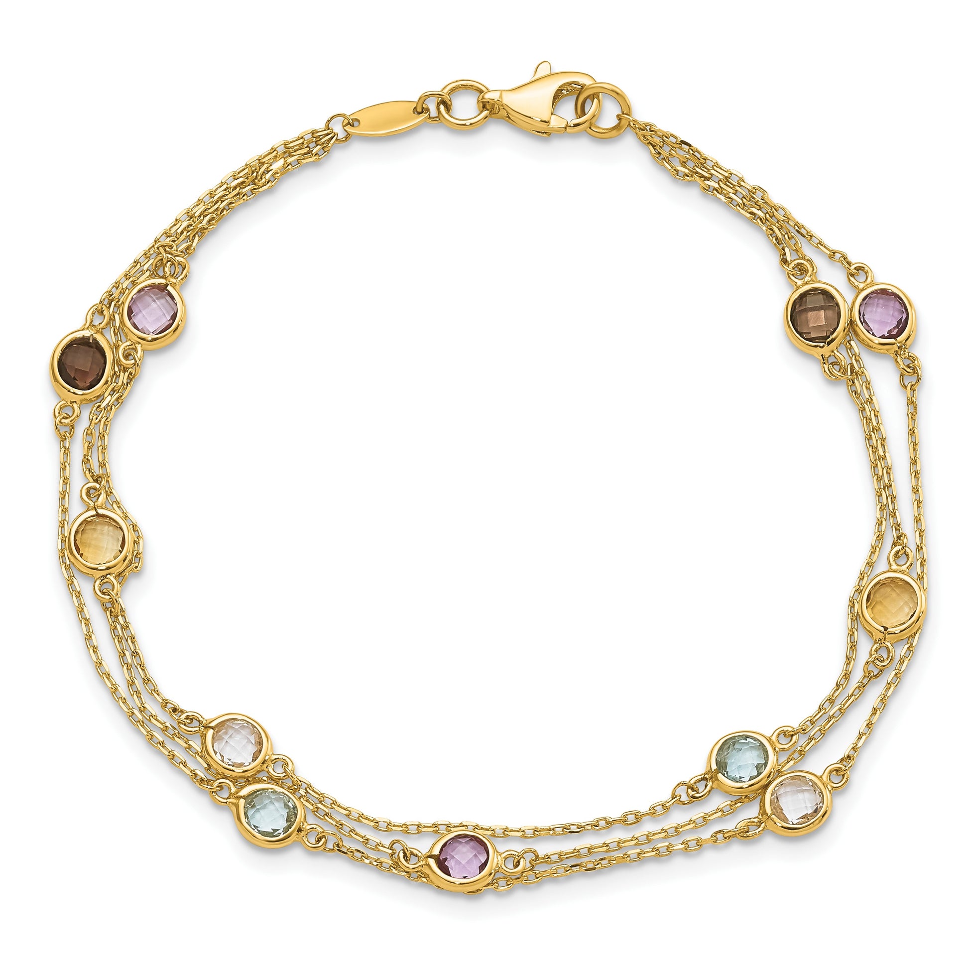 14K Smoky Quartz/White Quartz/Blue Topaz/Citrine/Amethyst 3-strand 7.5 inch Bracelet