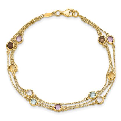 14K Smoky Quartz/White Quartz/Blue Topaz/Citrine/Amethyst 3-strand 7.5 inch Bracelet
