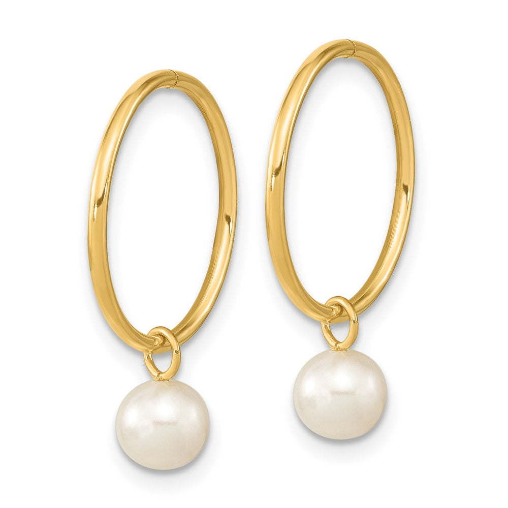 14k 5-6mm White Round Freshwater Cultured Pearl Dangle Hoop Earrings