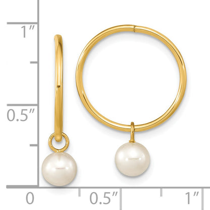 14k 5-6mm White Round Freshwater Cultured Pearl Dangle Hoop Earrings