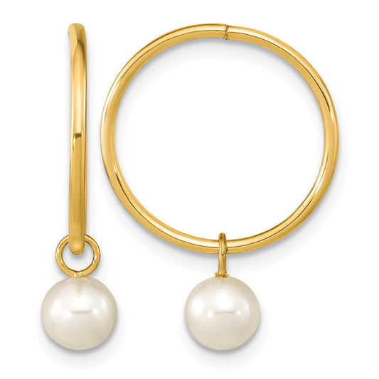 14k 5-6mm White Round Freshwater Cultured Pearl Dangle Endless Hoop Earrings