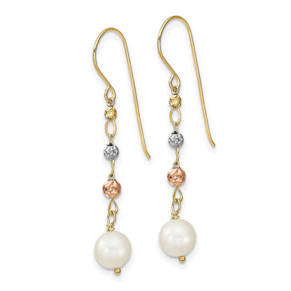 14K Tri-color 6-7mm White Semi-round Freshwater Cultured Pearl and Diamond-cut Bead Shepherd Hook Dangle Earrings