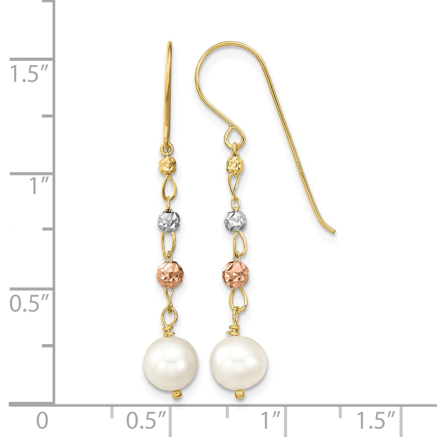 14K Tri-color 6-7mm White Semi-round Freshwater Cultured Pearl and Diamond-cut Bead Shepherd Hook Dangle Earrings
