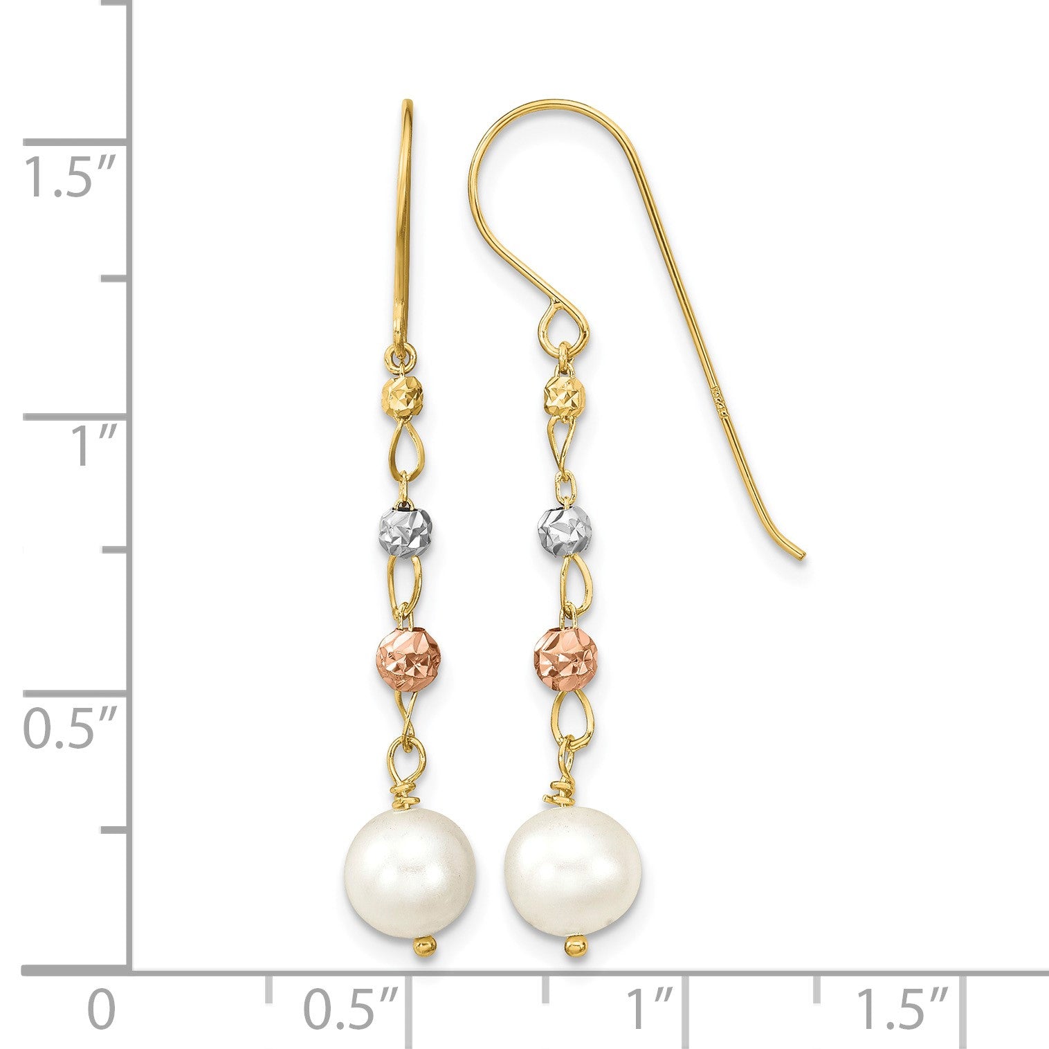 14K Tri-color 6-7mm White Semi-round Freshwater Cultured Pearl and Diamond-cut Bead Shepherd Hook Dangle Earrings