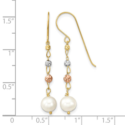 14K Tri-color 6-7mm White Semi-round Freshwater Cultured Pearl and Diamond-cut Bead Shepherd Hook Dangle Earrings