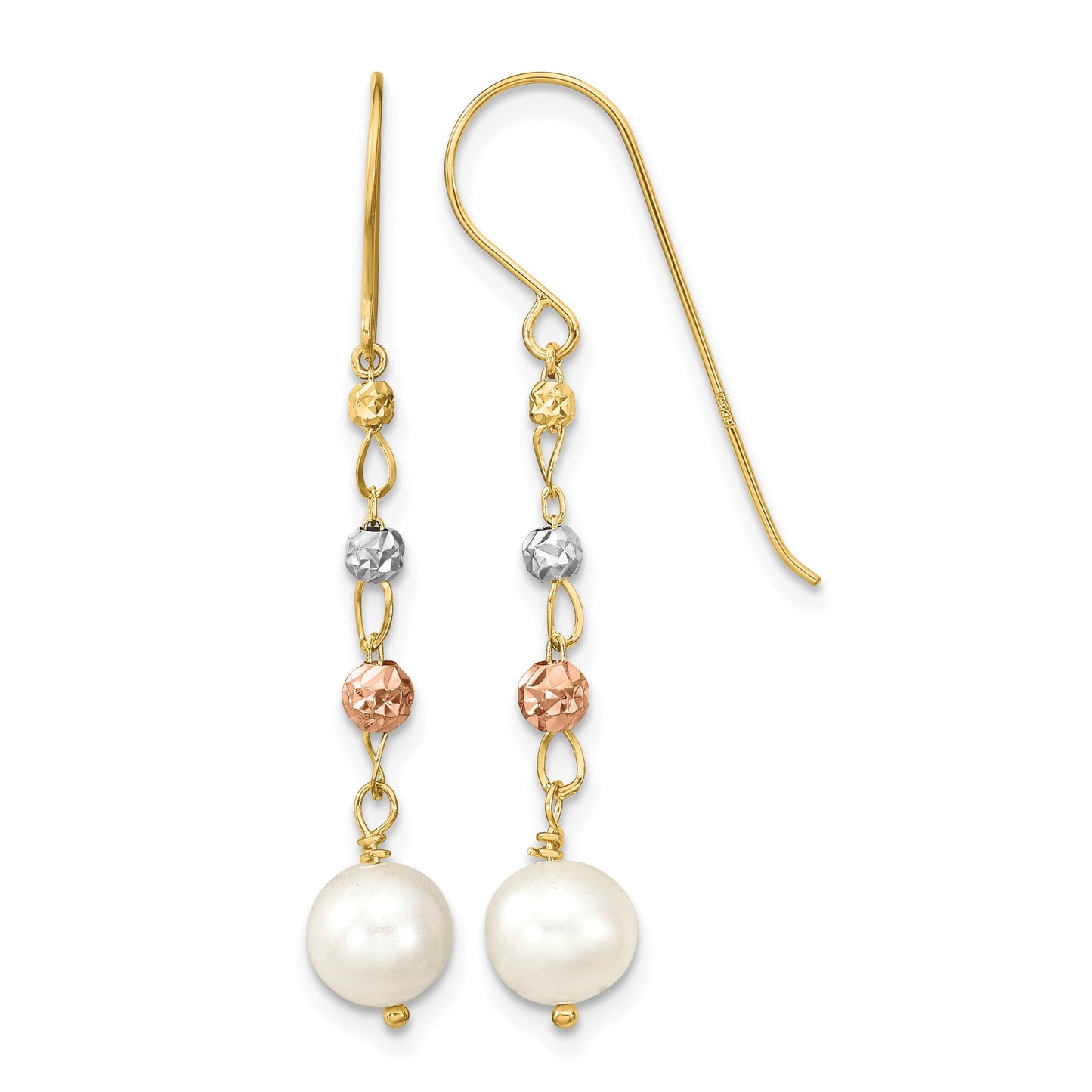 14K Tri-color 6-7mm White Semi-round Freshwater Cultured Pearl and Diamond-cut Bead Shepherd Hook Dangle Earrings