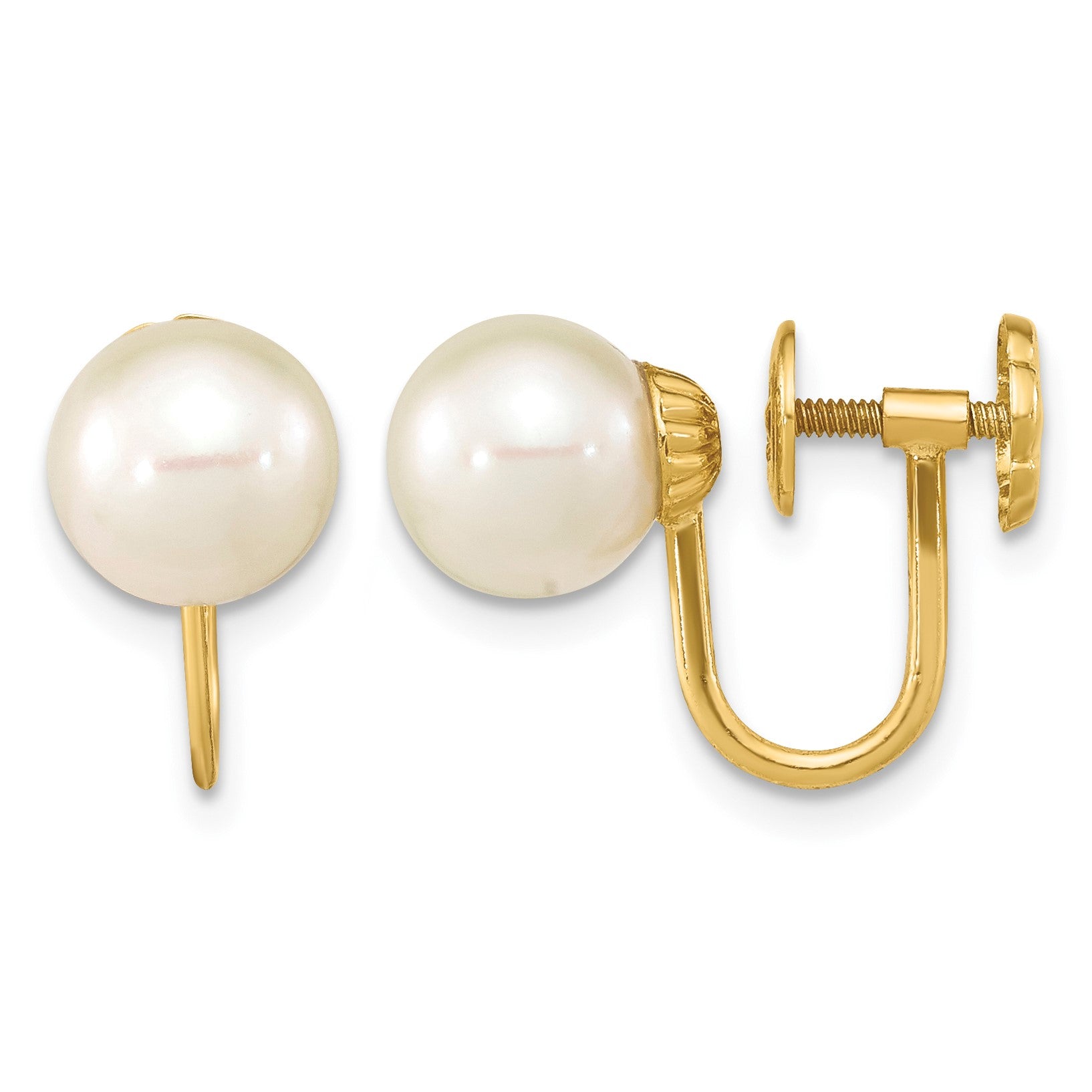 14k 7-8mm White Round Freshwater Cultured Pearl Non-pierced Earrings