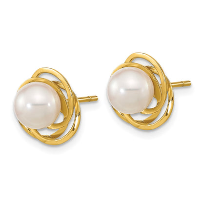 14k 6-7mm White Round Akoya Saltwater Cultured Pearl Love Knot Post Earrings
