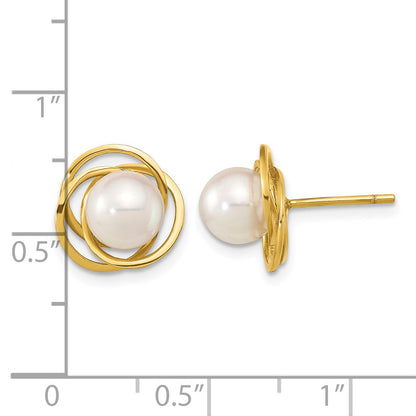 14k 6-7mm White Round Akoya Saltwater Cultured Pearl Love Knot Post Earrings