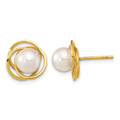 14k 6-7mm White Round Akoya Saltwater Cultured Pearl Love Knot Post Earrings