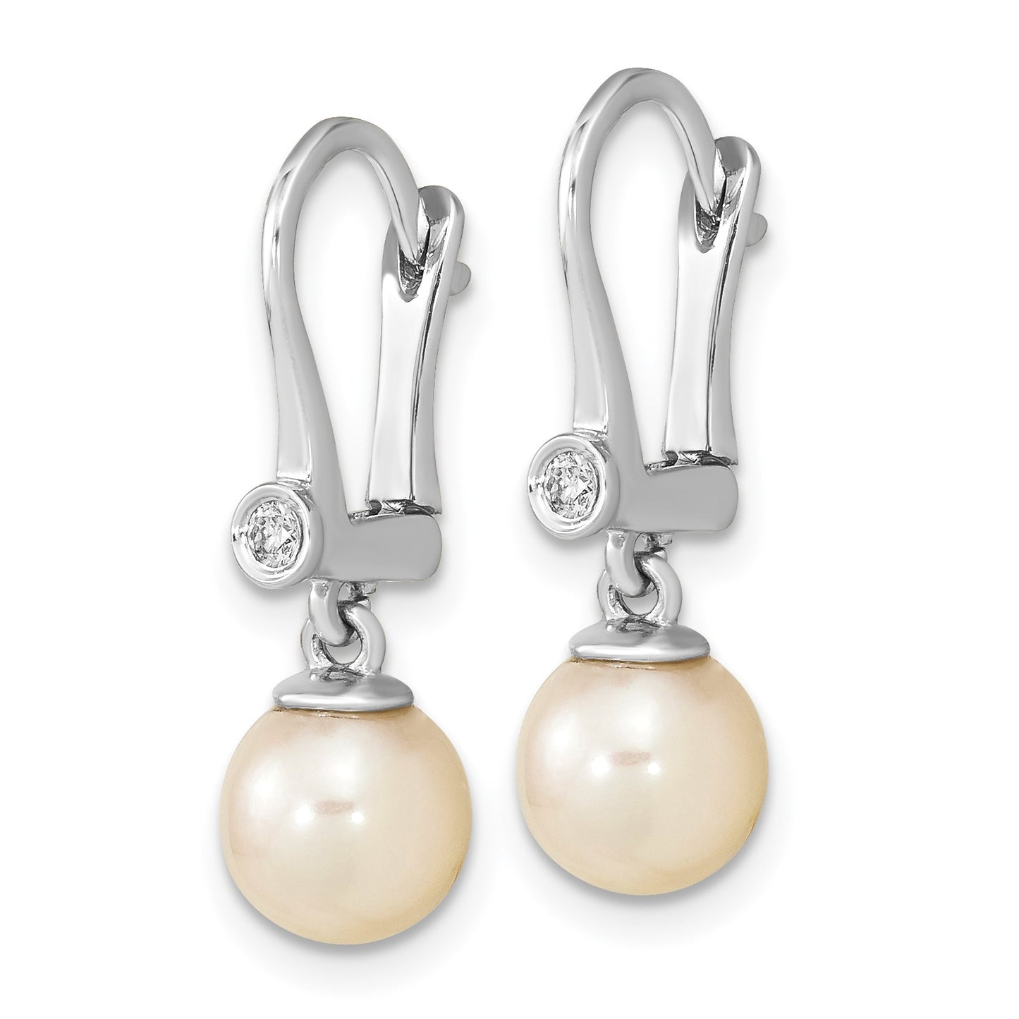 14k White Gold 7-8mm White Round Akoya Saltwater Cultured Pearl and .05 Carat Diamond Dangle Earrings