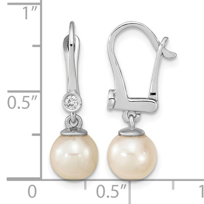 14k White Gold 7-8mm White Round Akoya Saltwater Cultured Pearl and .05 Carat Diamond Dangle Earrings
