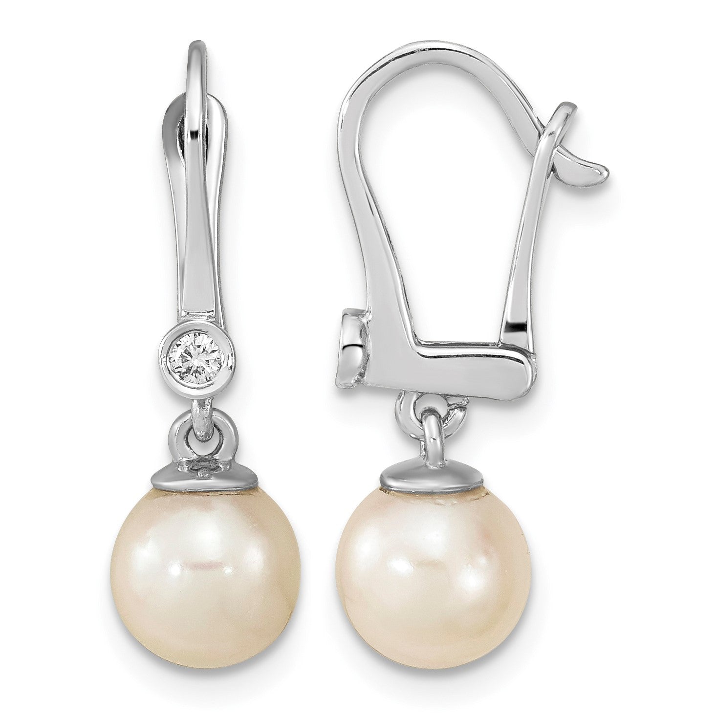 14k White Gold 7-8mm White Round Akoya Saltwater Cultured Pearl and .05 Carat Diamond Dangle Earrings