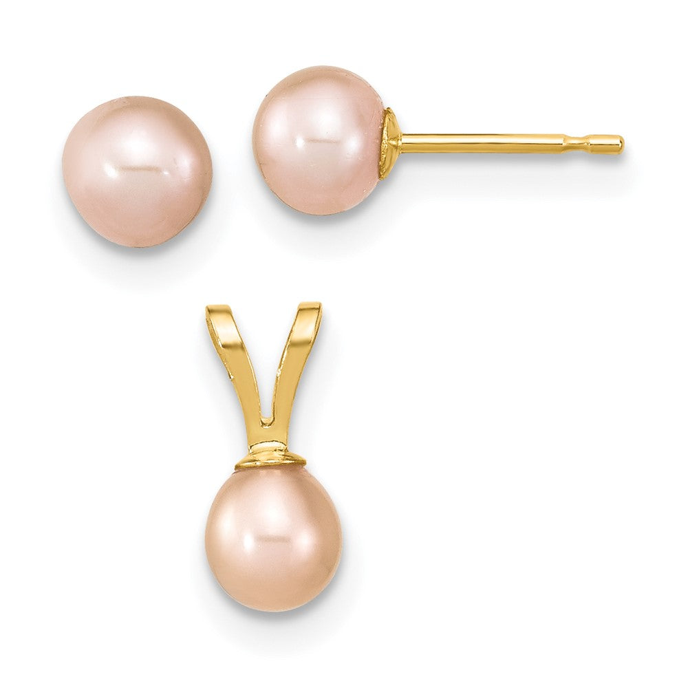 14k Madi K 4-5mm Pink Round Freshwater Cultured Pearl Pendant and Post Earrings Set