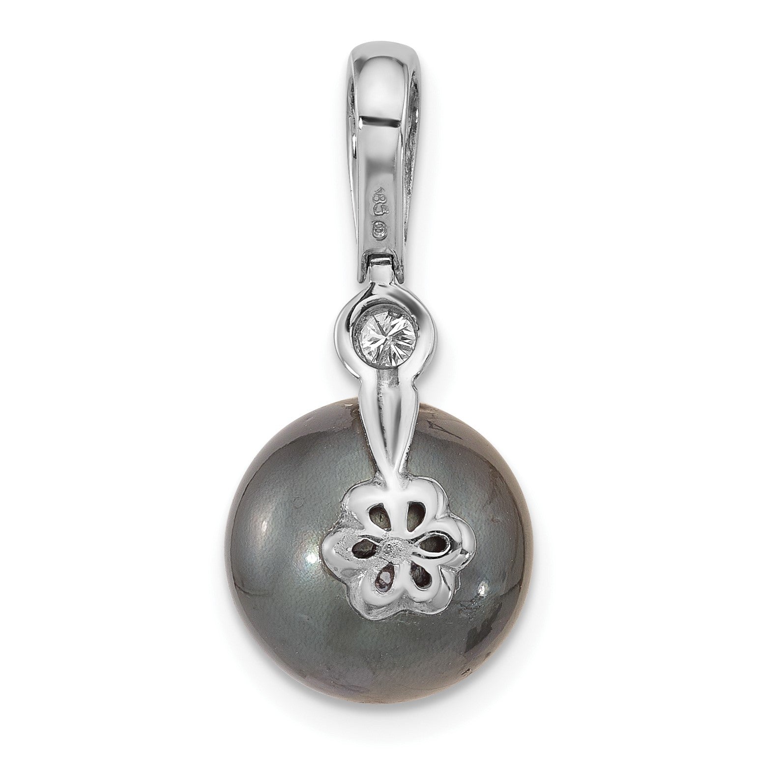 14k White Gold 11-12mm Black Round Tahitian Saltwater Cultured Pearl and .05 Carat Diamond Pendant