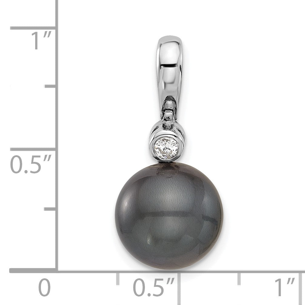 14k White Gold 11-12mm Black Round Tahitian Saltwater Cultured Pearl and .05 Carat Diamond Pendant