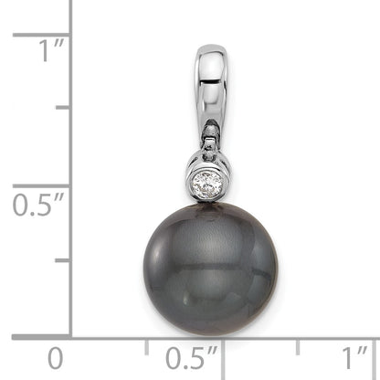 14k White Gold 11-12mm Black Round Tahitian Saltwater Cultured Pearl and .05 Carat Diamond Pendant