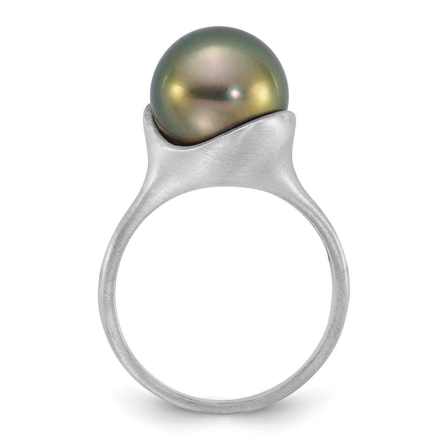 14k White Gold Brushed 10-11mm Round Black Tahitian Saltwater Cultured Pearl Ring