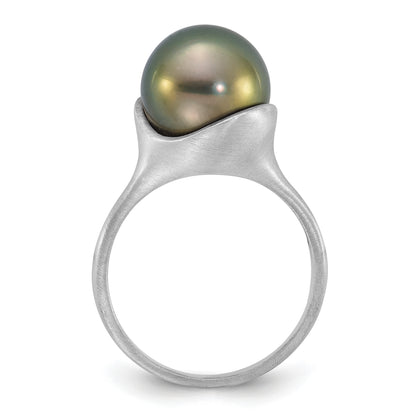 14k White Gold Brushed 10-11mm Round Black Tahitian Saltwater Cultured Pearl Ring