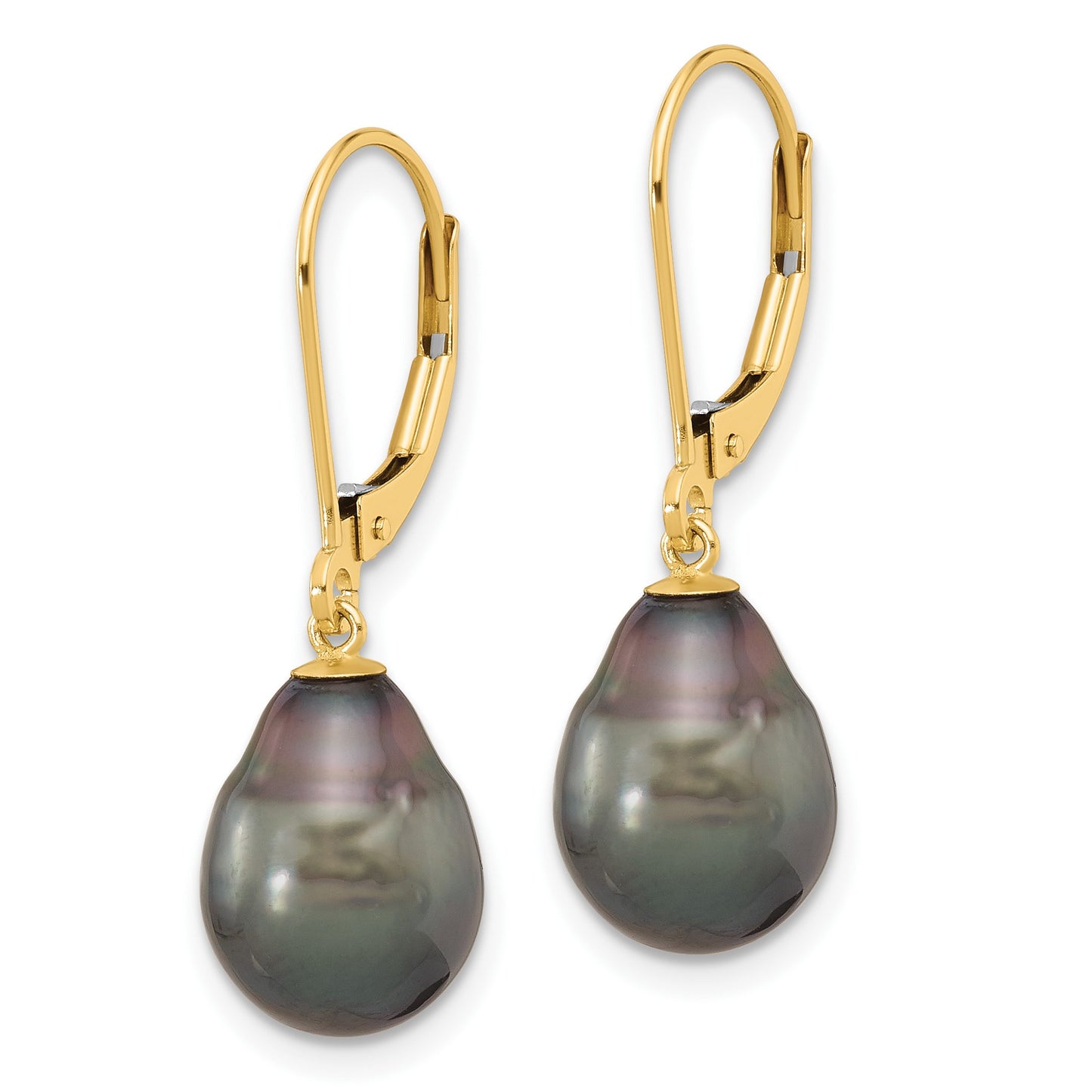 14k 8-9mm Black Teardrop Tahitian Saltwater Cultured Pearl Leverback Dangle Earrings