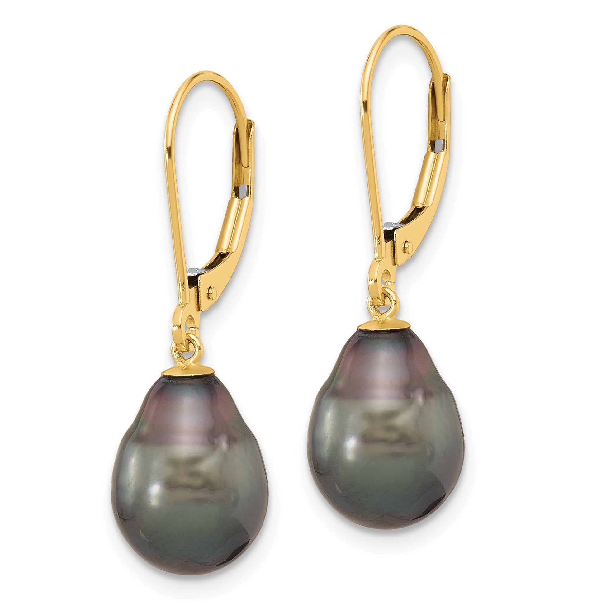 14k 8-9mm Black Teardrop Tahitian Saltwater Cultured Pearl Leverback Dangle Earrings