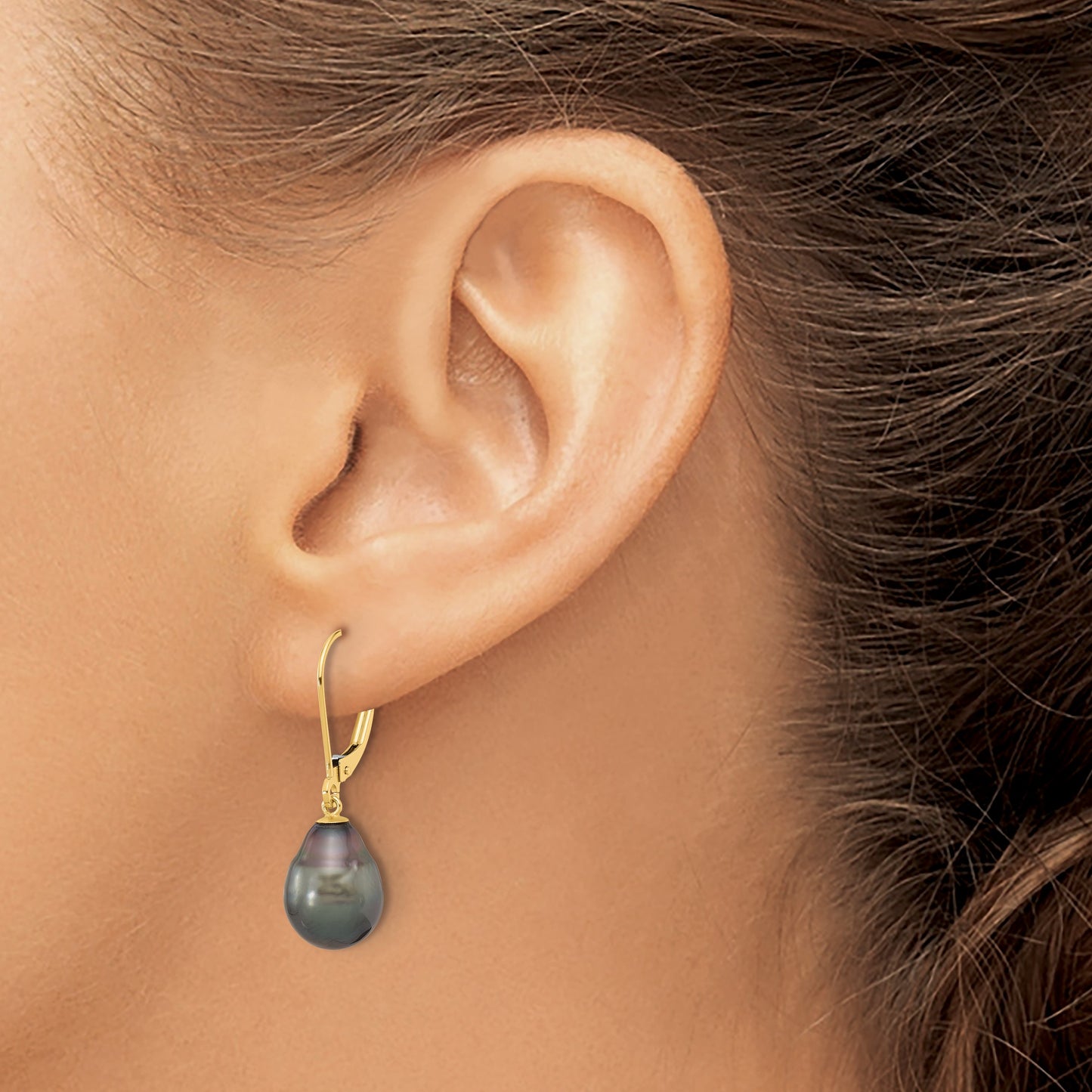 14k 8-9mm Black Teardrop Tahitian Saltwater Cultured Pearl Leverback Dangle Earrings