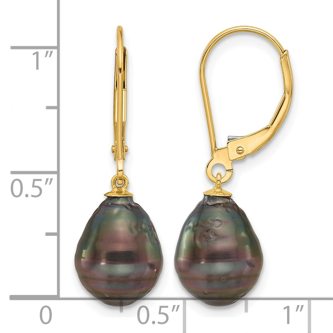 14k 8-9mm Black Teardrop Tahitian Saltwater Cultured Pearl Leverback Dangle Earrings