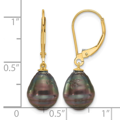 14k 8-9mm Black Teardrop Tahitian Saltwater Cultured Pearl Leverback Dangle Earrings