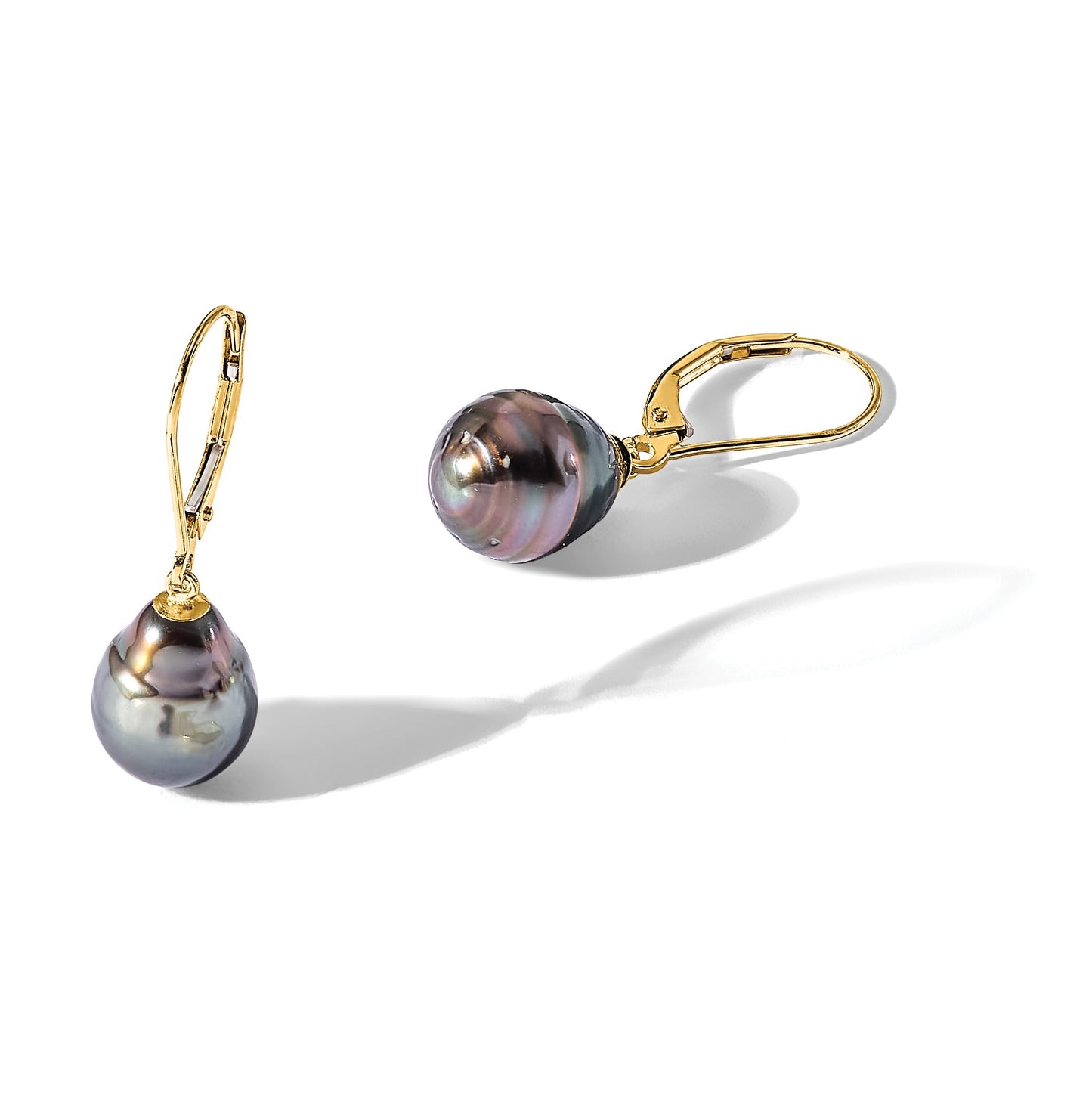 14k 8-9mm Black Teardrop Tahitian Saltwater Cultured Pearl Leverback Dangle Earrings