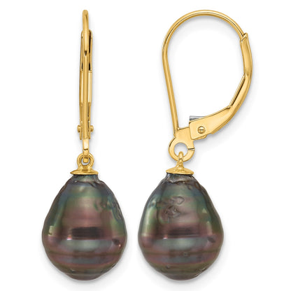 14k 8-9mm Black Teardrop Tahitian Saltwater Cultured Pearl Leverback Dangle Earrings