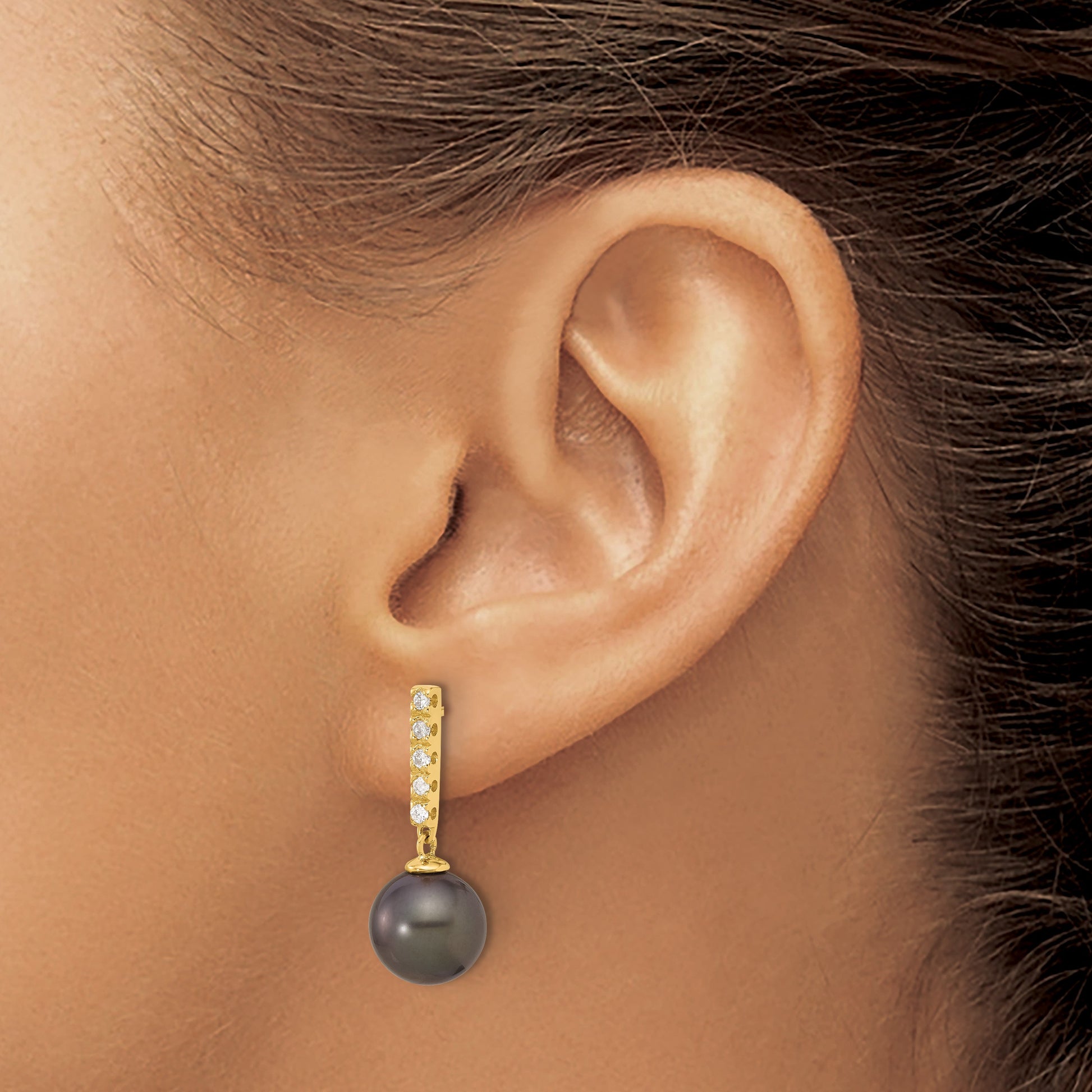 14k 9-10mm Black Round Tahitian Saltwater Cultured Pearl and .20 Carat Diamond Post Dangle Earrings
