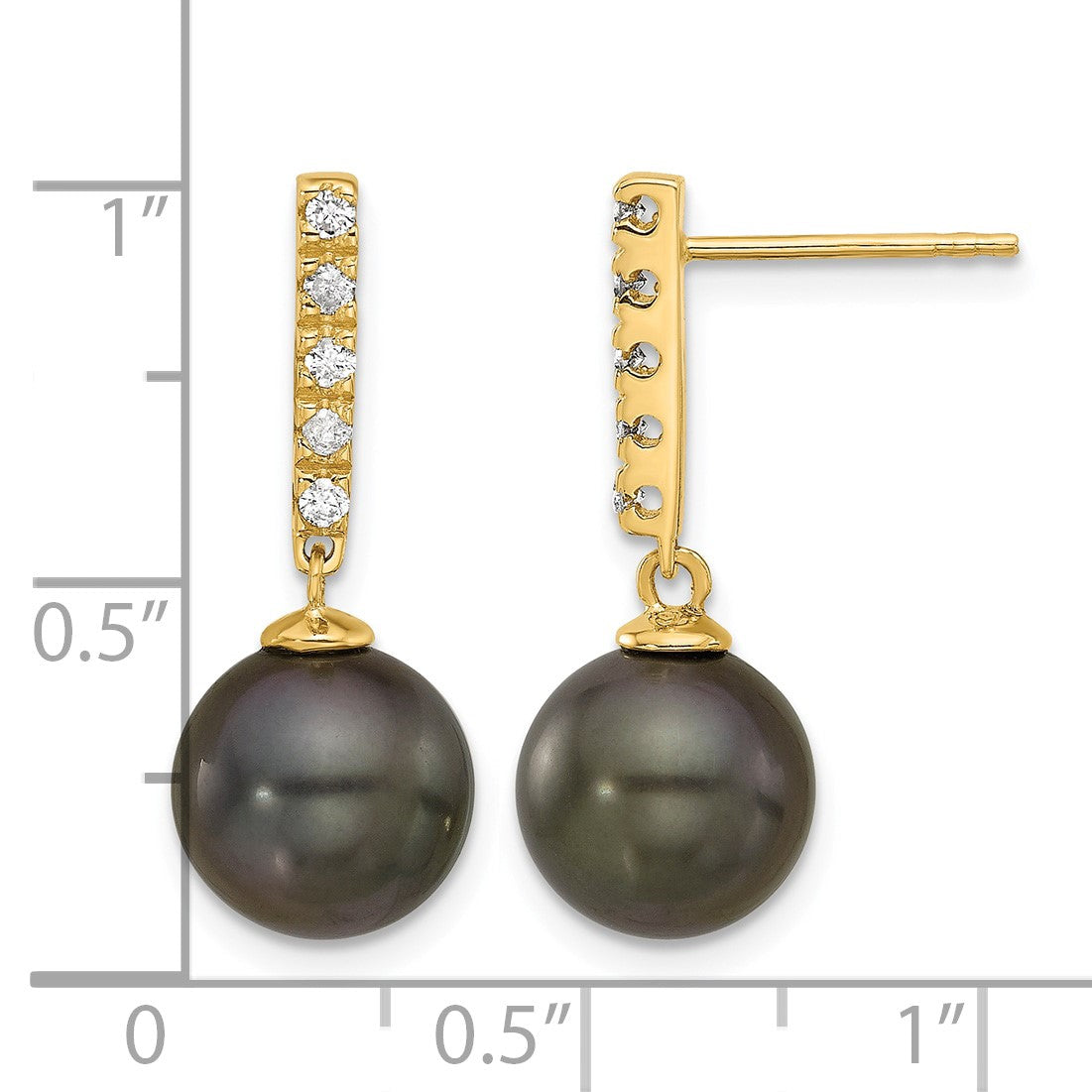 14k 9-10mm Black Round Tahitian Saltwater Cultured Pearl and .20 Carat Diamond Post Dangle Earrings