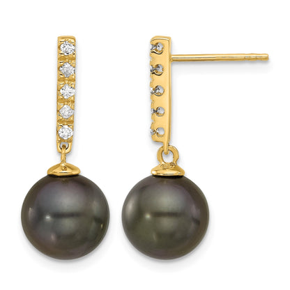 14k 9-10mm Black Round Tahitian Saltwater Cultured Pearl and .20 Carat Diamond Post Dangle Earrings