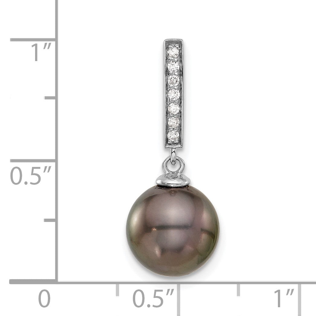 14k White Gold 10-11mm Black Round Tahitian Saltwater Cultured Pearl and .07 Carat Diamond Dangle Chain Slide