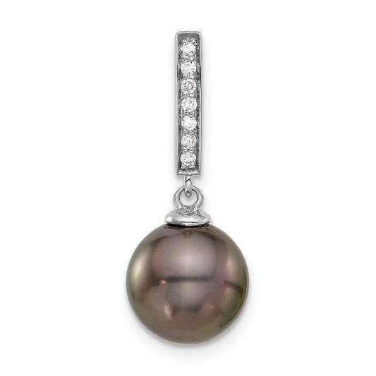 14k White Gold 10-11mm Black Round Tahitian Saltwater Cultured Pearl and .07 Carat Diamond Dangle Chain Slide