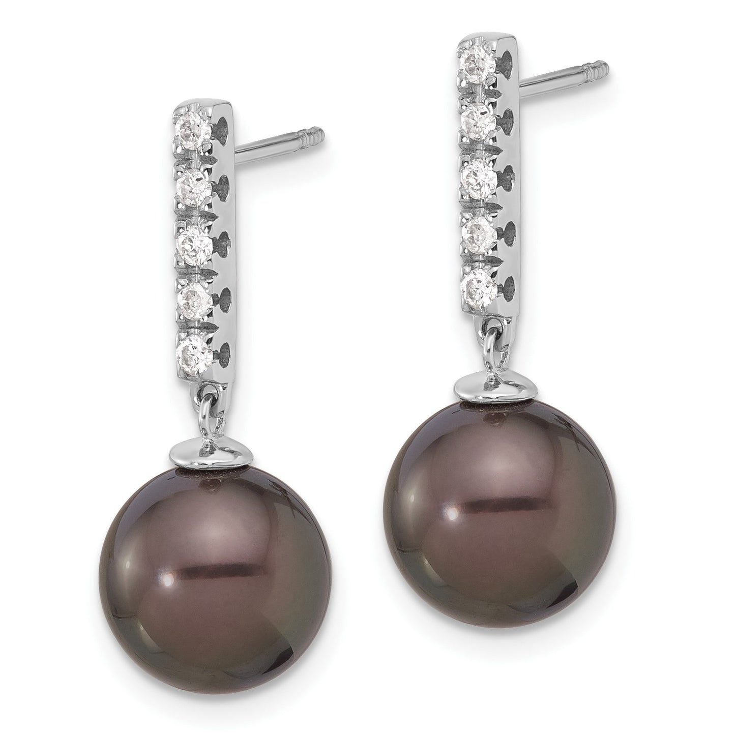 14k White Gold 9-10mm Black Round Tahitian Saltwater Cultured Pearl and .20c Carat Diamond Post Dangle Earrings