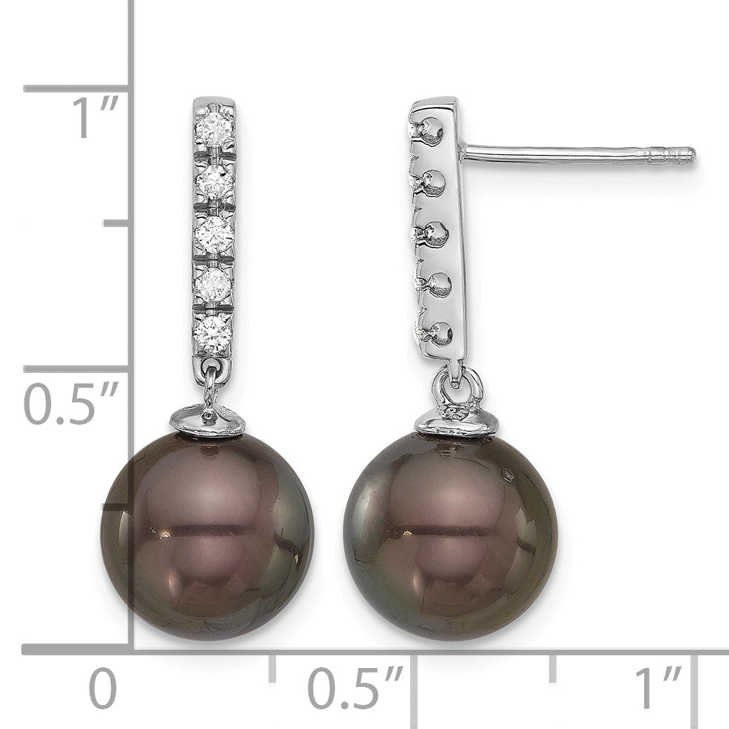 14k White Gold 9-10mm Black Round Tahitian Saltwater Cultured Pearl and .20c Carat Diamond Post Dangle Earrings